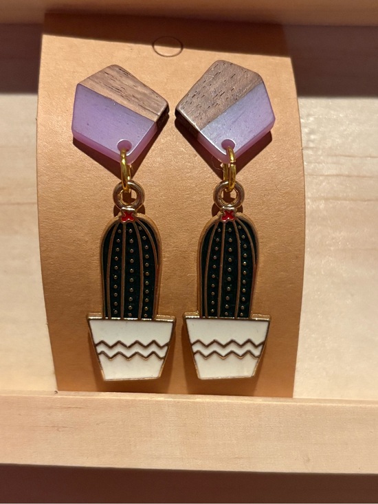 Jewelry - Handmade Gold Cactus Drop Earrings with Purple Accents
